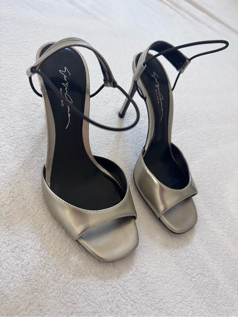 Emporio Armani Metallic Silver Open-Toe Ankle-Strap Heels